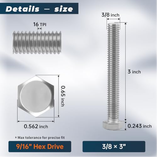Image of 6 Sets Glvaner 3 /8-16 x 3 Stainless Steel Hex Head Screws Bolts, Nuts, Flat & Lock Washers, 18-8 (304) Stainless Steel, Full Thread, Coarse Thread