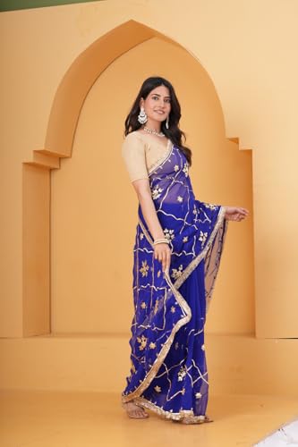 Image of Embroidered Net Saree with Blouse for Women | Royal Blue Saree with Floral Gota Patti Work | Festive Ethnic Saree | Traditional Ethnic Wear