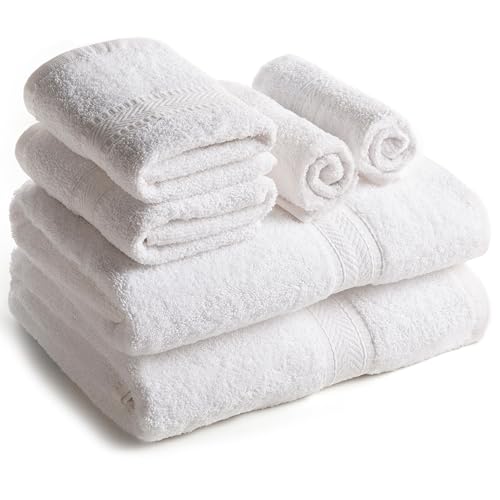 SweetNeedle 6 Piece Towel Set - 2 Bath Towels, 2 Hand Towels and 2 Washcloths Cotton Daily Use Hotel Spa Quality Soft Highly Absorbent Quick Dry Light Weight (White)