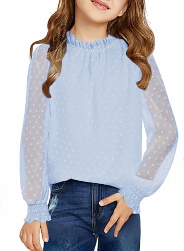 Arshiner Mädchen Langarmshirt Chiffon Kinder Tunika Punkt Faltiger Kragen Oberteile Freizeit Locker Longsleeve Herbst Winter Niedlich Bluse für Mädchen 11-12 Jahre Blau