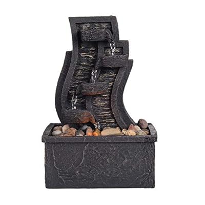 Teamson Home Slate Stone Look Tabletop Water Fountain Indoor Room Décor Sound Machine with Water Pump LED Light Faux Rocks, Indoor Zen for Home Office Living Room, Charcoal