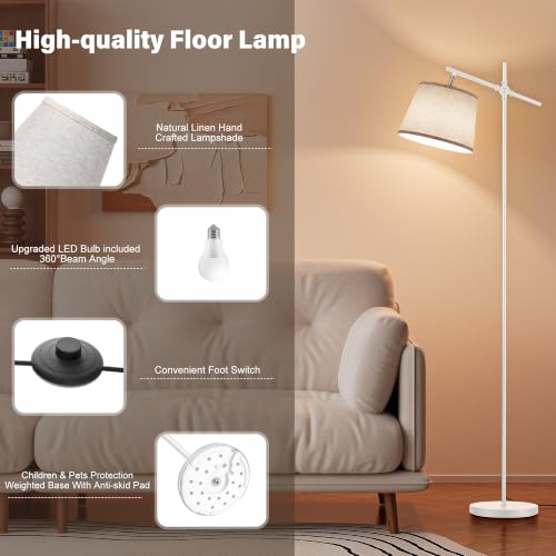 Image of SIBRILLE Floor Lamp with Linen Shade, Dimmable Tall Standing Lamp with Remote Control & 3 Color Temperatures Bulb, Modern Swing Arm Floor Lamps for Living Room Bedroom Office Corner