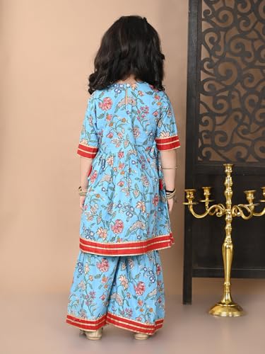 Image of superminis Girls Cotton Floral Printed Gota Patti Work Half Sleeves Sharara Suit