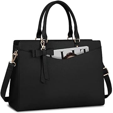 RAINSMORE Bolsa de laptop feminina de poliuretano de 15,6 polegadas bolsa de trabalho para escritório de negócios à prova d'água pasta de computador bolsa leve de ombro, preta