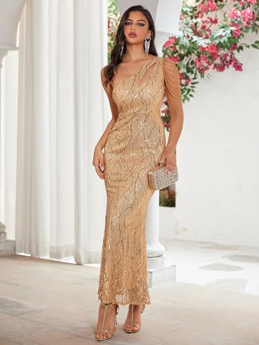 Image of Women One Shoulder 1920s Plus Size Formal Dress Tassels Sleeve Sequins Gatsby Maxi Evening Gown