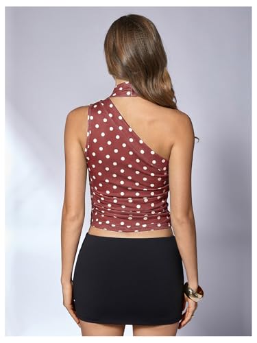 Image of RoseSeek Women's Y2K Leopard Polka Dots Halter Asymmetrical Neck Crop Tops | One Shoulder, Slim Fit, Sleeveless, Cheetah Print, Summer Tops, Scarf Tops, Party, Going Out Tops