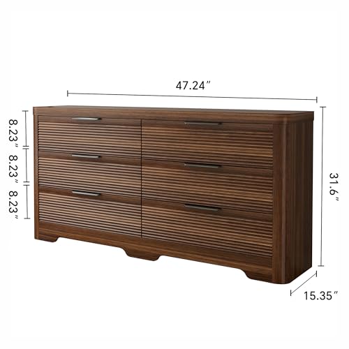 Image of FUSUNBAO Fluted 6 Drawer Dresser, Modern Wood Dresser for Bedroom,TV Stand,Thickened Curved Profile Design,Bedroom,Entryway,Wood Drawer Organizer (Dark Walnut)