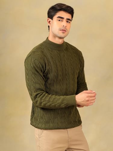 Image of Kvetoo Men's High Neck Cable Knit Sweater | Winter Pullover | Warm Wool Blend |Casual Full Sleeve Sweater for Men | Stylish Ribbed Neck Slim Fit Winterwear