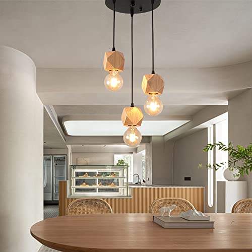 MAXDUYU Lámpara de Techo Retro Iluminación Colgante Moderna 3 brazos con maderas,tipo de base E27 con cada cable de 90 cm Lámpara Colgante de bricolaje ajustable clásica antigua Cover