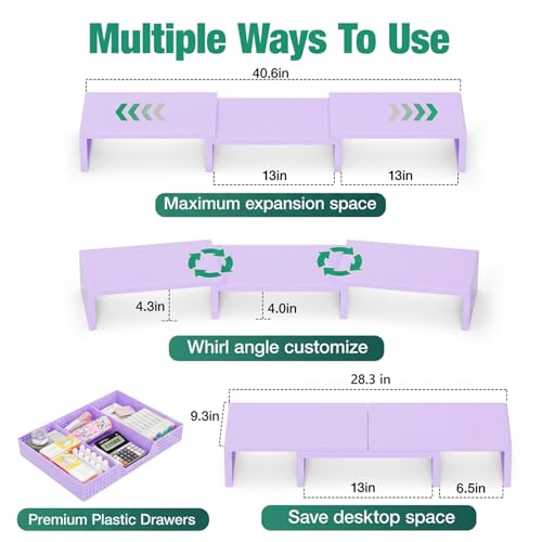 OPNICE Dual Computer Monitor Stand Riser with Drawer, Workspace Desk Organizer, Office Supplies Desk Accessories for Women, Purple by OPNICE - Image 7