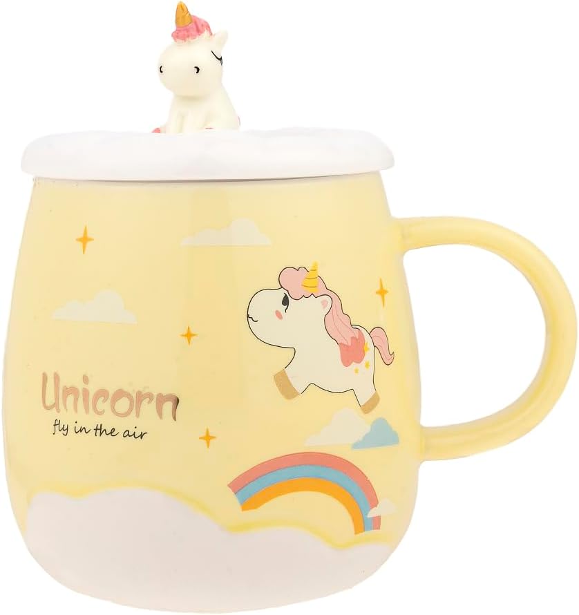 lachineuse - Unicorn Mug - Porcelain - Lid & Spoon Unicorn 3D - 500ml - Breakfast & Break - Coffee, Tea, Hot Chocolate - Gift Idea Asia, China, Japan - Colour Yellow