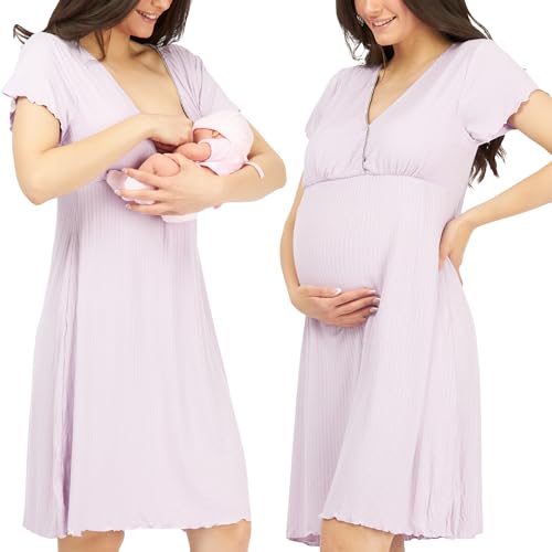 Womum Camison Lactancia, 3 en 1 Lactancia, Hospital y Embarazo, Suave y Transpirable para Máxima Comodidad, Ropa Premama Embarazada, Pijama Lactancia (L, Malva)