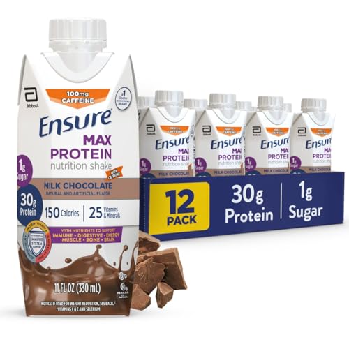 Ensure Max Protein Shake | Milk Chocolate with Caffeine | Ready to Drink | 30g Protein for Muscle Health | 1g Sugar 4g Fiber | 11 fl oz 12 Pack