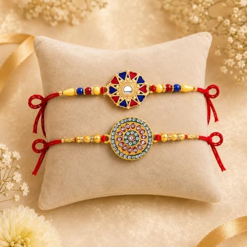 Image of DeoDap Rakhi with Tealight Candle for Brother - Multicolour Round Shape Rakhi 2 Pc with Tealight Candle 2 Pc, Silver Color Coin, Roli Chawal and Greeting Card - Raksha Bandhan Combo for Bhai (Pack of 7)