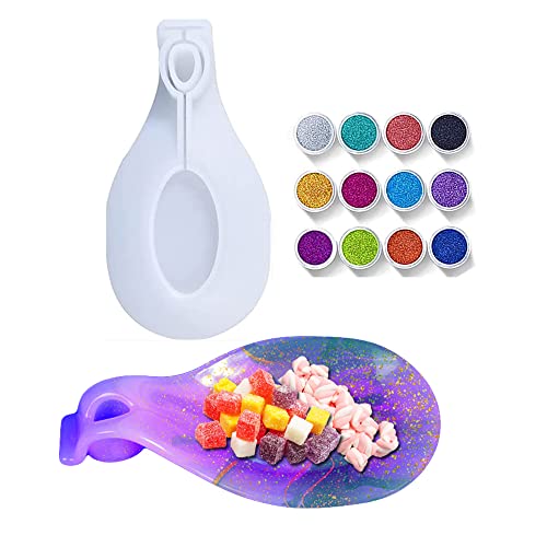 Molde de resina de silicona con accesorios, 12 x colores con purpurina, juego de moldeo de resina (1 x bandeja con forma de cuchara de silicona, 22 cm) Cover