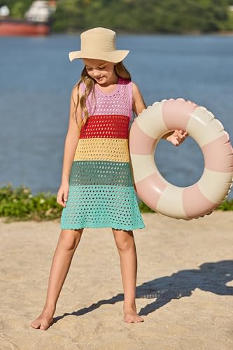 Haloumoning Girls Color Block Crochet Knit Swim Cover up Kids Summer Sleeveless Beach Dress 5-14 Years4