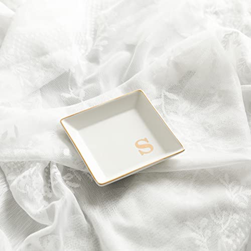 Collective Home - Ceramic Jewelry Tray, Monogram Decorative Trinket Dish For Rings Earrings Necklaces Bracelet Watch Keys, Birthday Mother's Day Christmas Gift For Women, 4" X 4" (S) #TOP3