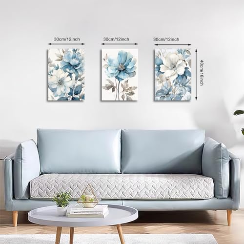 FajerminArt 3 Pcs Modern Floral Blossom Canvas Wall Art Grey and Blue Flowers Ink Pictures Canvas Print Paintings for Living Room Bedroom Office Ready To Hang Stretched On Frame 30x40cmx3 Pcs - Image 2