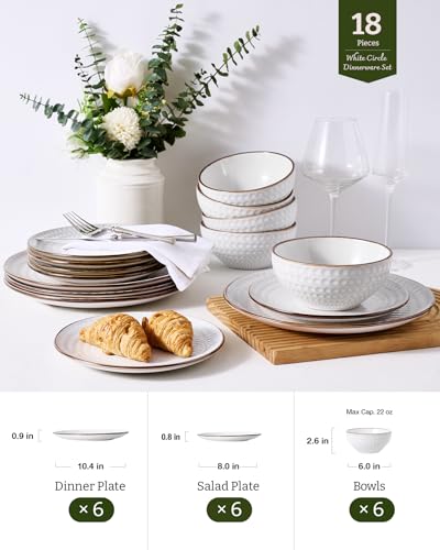 Image of Famiware Eden Embossed Plates and Bowls Sets, Stoneware Dinnerware with Gold Trim, 18-Piece Luxury Dishes for 6, Everyday & Formal Use, Chip /Scratch Resistant, Microwave /Dishwasher Safe, White Circle