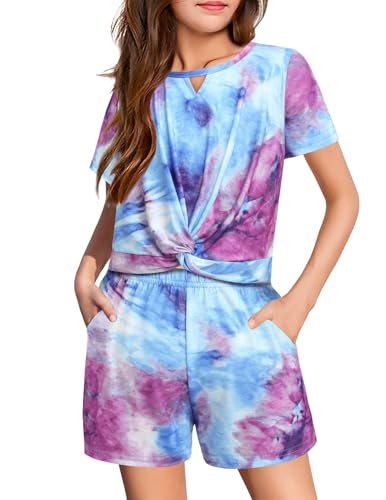 Image of Arshiner Girls Summer 2 Piece Outfits Tie Dye Short Sets Casual Twist Front Short Sleeve Tops and Pant with Pockets