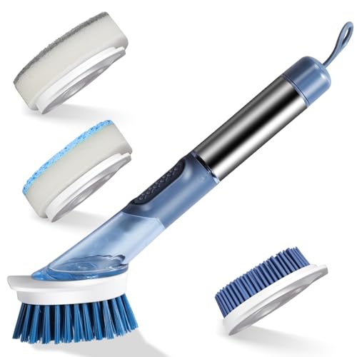 MASTERTOP Spülbürste mit Spülmittelspender, Befüllbare Spülbürste, Reinigungsbürste Set mit 4 Ersat Bürsten Köpfe, Multifunktional Geschirrbürste Küchenbürste für Topf, Pfanne, Spülbecken Reinigung