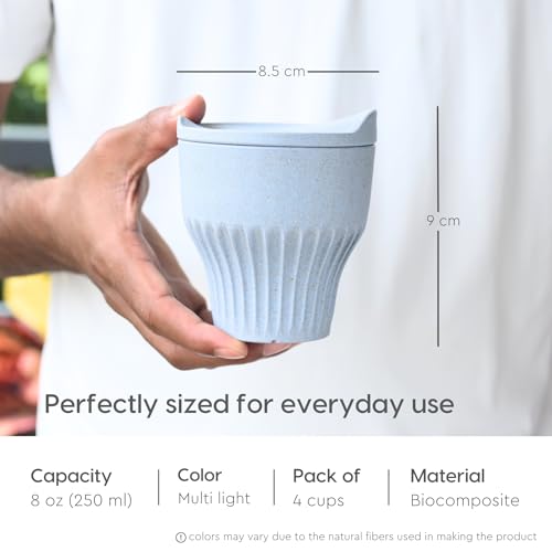 Image of Eha Earth Friendly Rafter Coffee Mug with Lid | Tea Cup Set | 250 ml | Made with Rice Husk | Microwave Safe Mugs for Gifting | 4 Unit | Multi Light