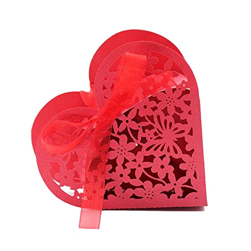 GIVBRO Lot de 50 boîtes à dragées en forme de cœur avec papillons et rubans pour décoration de table Rouge