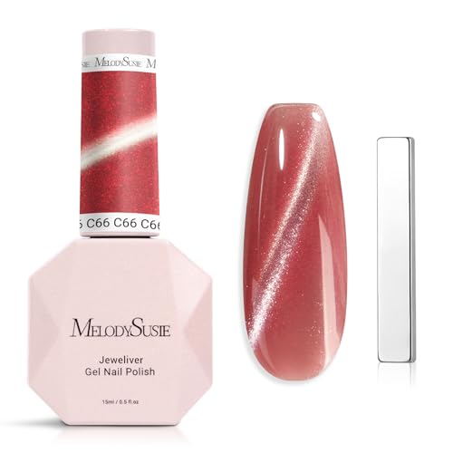 Image of MelodySusie Jeweliver Cat Eye Gel Nail Polish, 0.5 Fl Oz Red Glitter Holographic Magnetic Nail Polish with Magnet, UV Nail Polish for Nail Art Manicure Salon DIY at Home C66