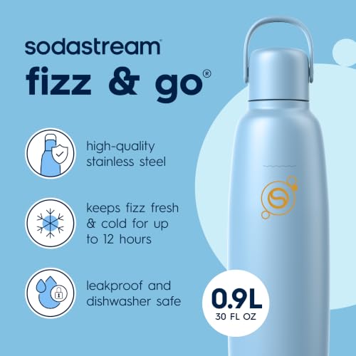 Image of sodastream Fizz & Go Cool, Stainless Steel Carbonated Water Bottle 0.9L, Insulated Metal Bottle for Sparkling Water, Compatible with TERRA, ART, ENSO & More in Ice Blue