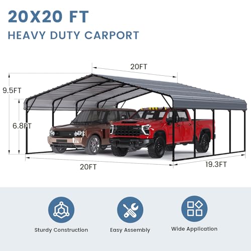 EROMMY 20‘x20’ Stable Metal Carport, All-Weather Heavy-Duty Carports with Strong Base, Sturdy Car Shed with Galvanized Steel Roof and Frame, Easy Assembly Car Port for 2 Cars, Tractors, Boat, Gray - Thumbnail 2