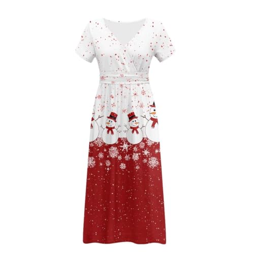 Image of Women's Fall Summer Short Sleeve Ankle Length V-Neck Party Dress with Pockets Size S-3XL
