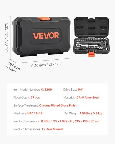 Image of VEVOR Socket Set, 27 Pieces, 1 /4 inch Drive Socket and Ratchet Set, SAE and Metric, Mechanic Tool Kit with Ratchet Wrench, Extension Bar and Storage Case, CR-V Alloy Steel, for Automotive Repair