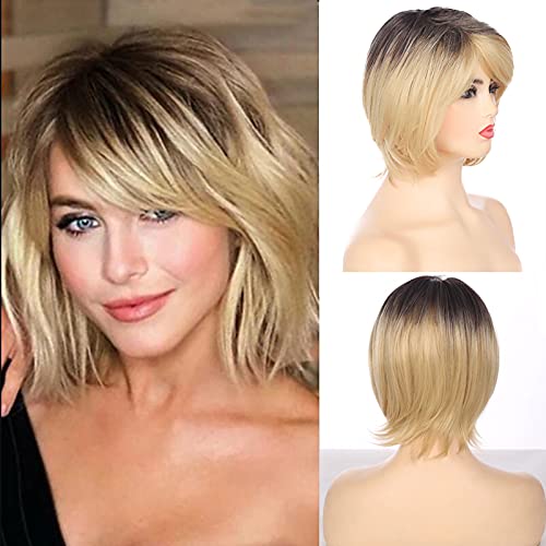 Baruisi Ombre Blonde Bob Wig Short Straight Synthetic Dark Roots Wig with Bangs Natural Party Cosplay Wigs for Women