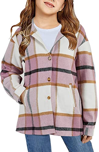 Image of Girls Cute Flannel Plaid Button Down Top with Pockets Long Sleeve Hooded Jacket