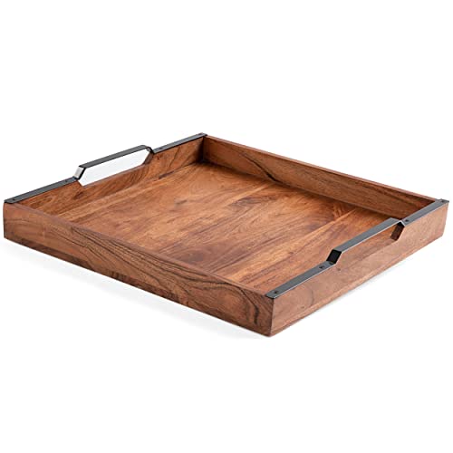 BIRDROCK HOME Bandeja de madera para servir con asas, decoración de granja, bandejas cuadradas para desayuno, tabla de té y queso, mesa de café, madera de acacia natural - cocina - bar Cover