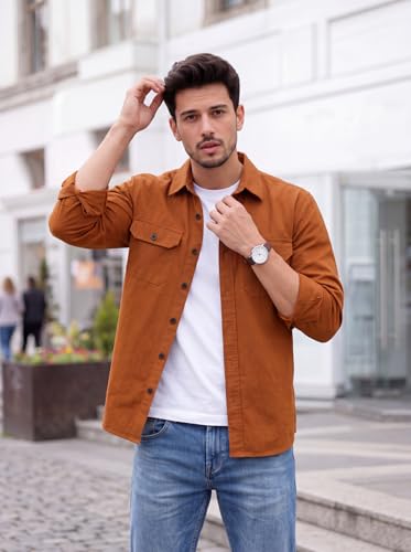 Image of Amazon Brand - INKAST Men's Cotton Blend Button Down Shirt | Long Sleeve Casual Lightweight Breathable Collared Shirts | Soft Comfortable Everyday Wear |Two Flap Chest Pockets |Using like Jacket Shirt