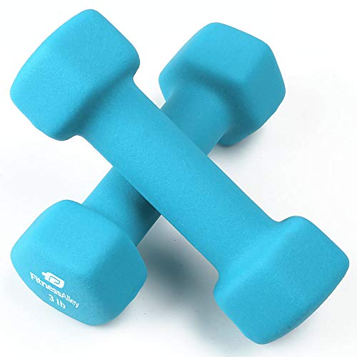 Fitness Alley 3lb Neoprene Dumbbell Set Coated for Non Slip Grip - Hex Dumbbells Weight Set - Hand Weights Set - Neoprene Weight Pairs - Hex Hand Weights - Set of Two Neoprene Dumbbells, Light Blue