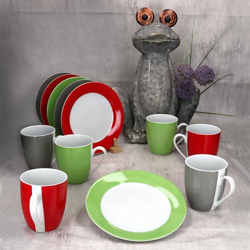 MamboCat Variant Trio 12tlg Frühstücksset I Je 6x kleine Teller & Kaffeebecher 350ml, Höhe 10,3cm für 6 Personen I Tasse, Kuchenteller I Porzellan-Geschirr für Frühstücks- & Kaffeezeit