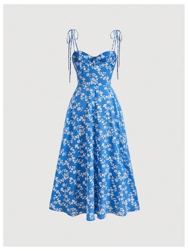 Image of SHENHE Women's Floral Bustier Corset Dress Tie Shoulder Smocked Flowy Boho Long Dress Sundress