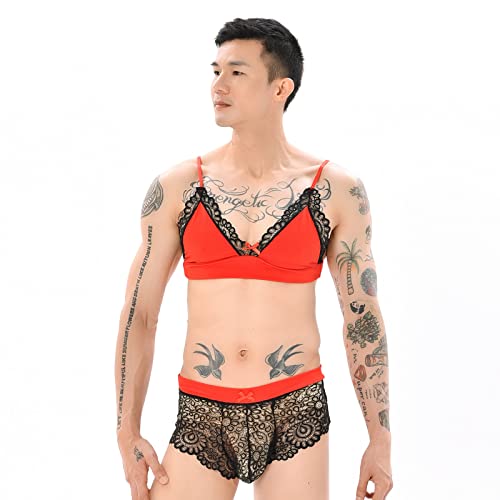 FreeNFond Men's Lingerie Sissy Lace Bra Panties Set with Bowknots Stockings 3Pcs Crossdressers Nightwear3
