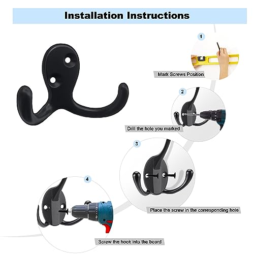 Kruodop 4 Pack Wall Hooks Wall Mounted Coat Hooks for Hanging Heavy Duty, Black Towel Hooks, Metal Double Coat Hanger with Screws Cup Retro for Coats, Handbags, Towels, Hat - Image 4