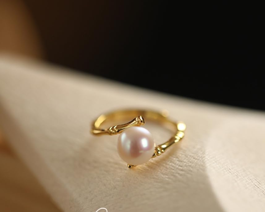 925 Sterling Silver Freshwater Cultured Pearl Ring Gold Pearl Promise Ring for Women tatement Expandable Adjustable Rings Pearl Ball Open Rings （Gold）4