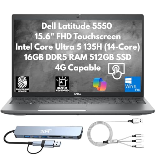 Image of Dell Latitude 5550 Business Laptop 2025, 15.6 inch FHD Touchscreen, Intel 14-Core Ultra 5 135H (Beat i7-1355U), 16GB DDR5 RAM, 512GB SSD, FP Reader, IR Cam, Ethernet, Thunderbolt 4, 4G Capable, Win 11 Pro