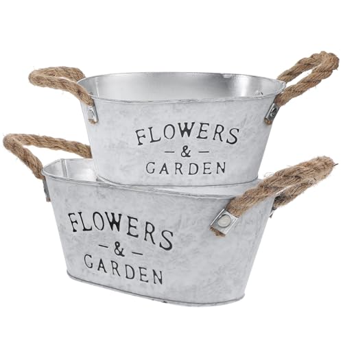 Levemolo 2 Stück Vintage Blumentopf aus Galvanisiertem Eisen Dekorativer Retro Pflanztopf mit Henkel Robustes Blumen Eimer Balkon Büro und Wohnraum Shabby Chic Übertopf für Sukkulenten und