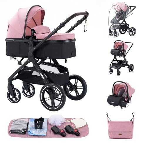 ALYIKOU Poussette 3 en 1, 0-22 kg (0-3 ans), Poussette Compacte et Réversible, Poussette Trio, Pliage Compact, Panier Spacieux, Noir (3 in 1 X1 Rose)