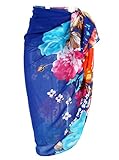 CHIC DIARY Women Chiffon Pareo Beach Wrap Sarong Swimsuit Scarf Cover Up for Holiday (Blue-Flower)