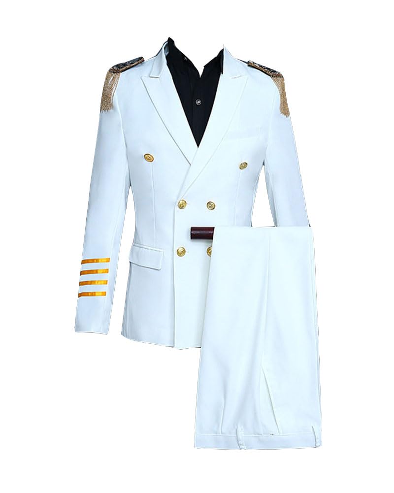 Uomo Completo Doppiopetto Spalline con Nappe Uniforme Militare Costume Vittoriano Vintage Tuxedo Blazer Giacca Pantaloni Set Abiti Pantaloni da Cerimonia Matrimonio
