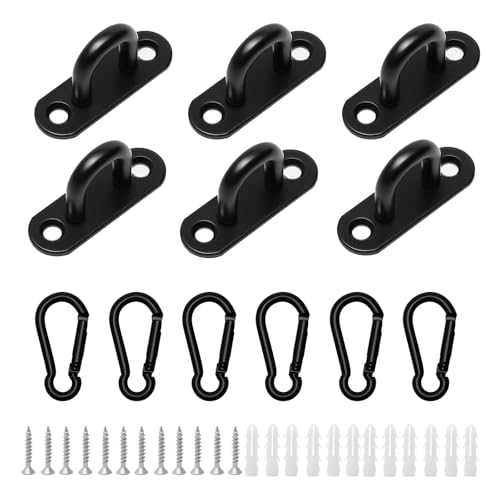 Juyibaao Kit 6 Pzas Placa de Ojo Acero Inoxidable con Mosquetones y Gancho en U – Fijación Techo/Pared con Tornillos y Tacos – Para Hamaca, Toldo
