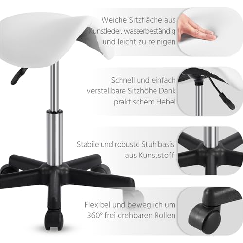 Foto von Yaheetech Sattelhocker, Rollhocker Drehhocker Praxishocker Arbeitshocker Bürohocker, höhenverstellbaren Hocker mit 5 Rollen Weiß