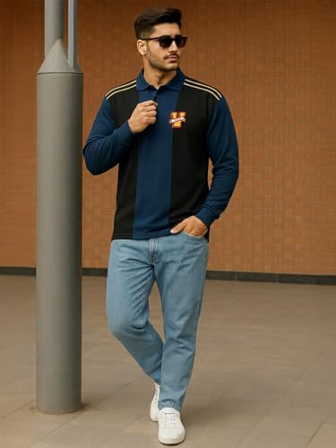 Image of Veirdo Men's Oversized Loopknit Cotton Polo Neck T-Shirt | Oversized Baggy Fit Full Sleeve Casual Streetwear Top with Ribbed Cuffs S-XXL
